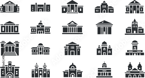 Collection of minimalist black and white vector icons depicting various architectural styles and building types for urban design projects
