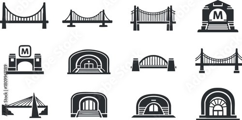 Modern minimalist vector icon set featuring various bridge designs and metro station silhouettes for urban transport concepts