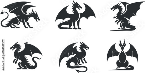 Set of six black silhouette vector illustrations of mythical dragons, perfect for fantasy-themed designs and artworks