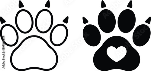 Paw print outline and solid icon with heart, animal love symbol