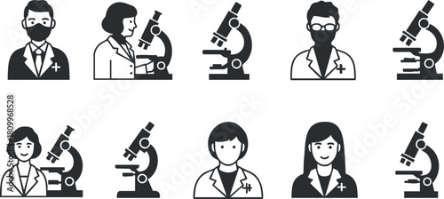 Flat vector illustration set of diverse scientists with microscopes, ideal for medical and educational branding projects