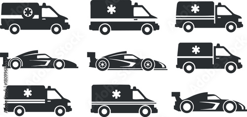 Silhouette vector icon set featuring various emergency vehicles including ambulances and racing cars for healthcare and transportation design projects