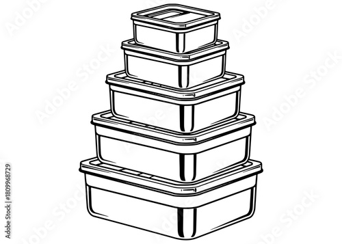 Stack of reusable food storage containers. Set of plastic or glass lunch boxes for meal prep. Zero waste kitchen vector line art illustration.
