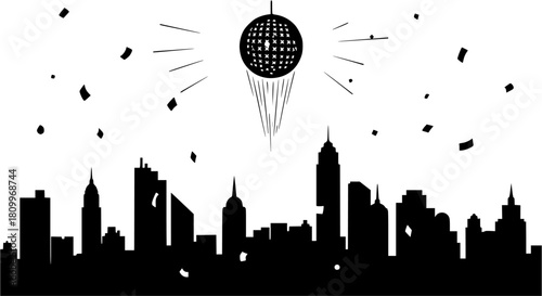 Black and white new year's eve ball drop over a cityscape silhouette with confetti falling down
