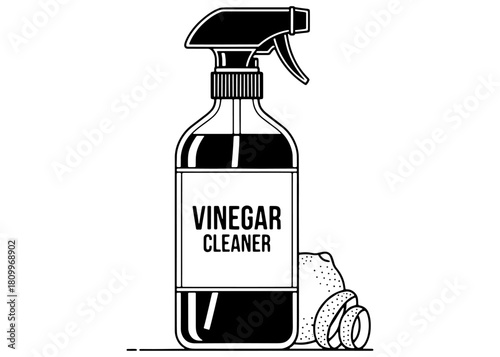 Natural vinegar cleaner spray bottle with lemon peel. Eco-friendly homemade household cleaning solution. Black and white line art vector illustration.