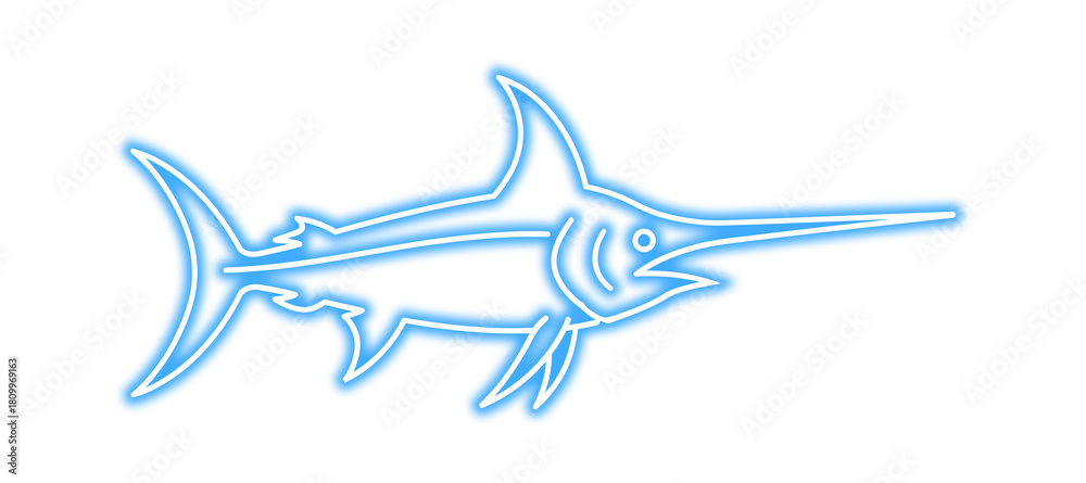 Fototapeta premium A glowing, neon blue outline of a marlin fish swimming to the right.