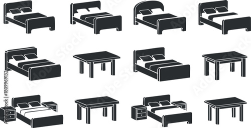 Minimalist black and white vector illustration of various bed and table designs for interior decor projects