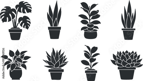 Silhouette vector icon set featuring various potted plants for home decor and interior design projects