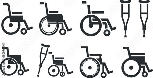 Stylish vector icon set featuring various mobility aids including wheelchairs and crutches for accessibility and healthcare design projects