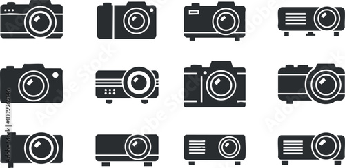 Vector icon set featuring various camera and projector illustrations in a minimalist black and white style for design and branding projects