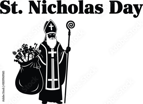 Black silhouette graphic design depicting Saint Nicholas holding a sack of gifts and a staff
