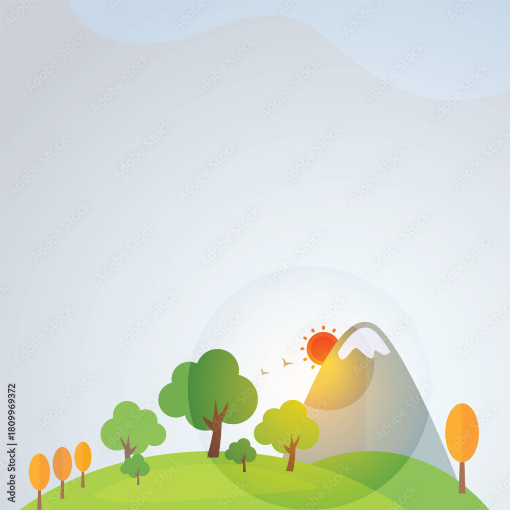 Obraz premium Minimalist landscape illustration with trees, mountain, and sun Vector