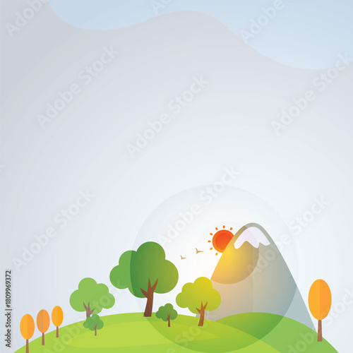 Minimalist landscape illustration with trees, mountain, and sun Vector
