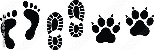Human barefoot, boot shoe, and animal paw prints icon set