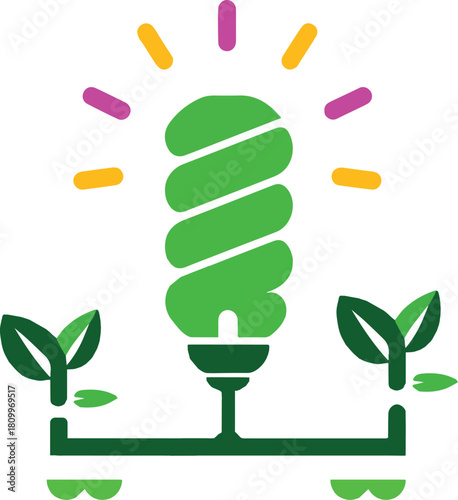 Modern flat illustration of lightbulb combined with leaf and plant representing eco innovation, sustainable energy and green technology concept.