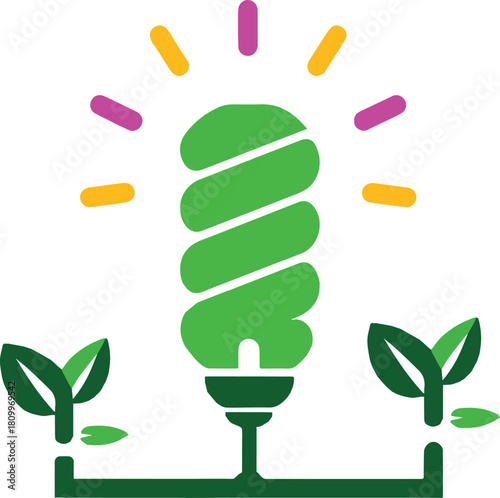 Modern flat illustration of lightbulb combined with leaf and plant representing eco innovation, sustainable energy and green technology concept.