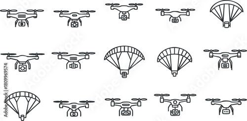 Outline vector illustration of drones and parachutes, ideal for technology, logistics, and aerial delivery projects