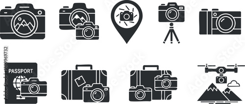 Set of minimalist black and white vector icons featuring cameras, passport, luggage, and travel symbols for photography and travel projects