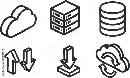 Clean outline vector icons set featuring cloud storage, server, database, and data transfer symbols for technology design projects