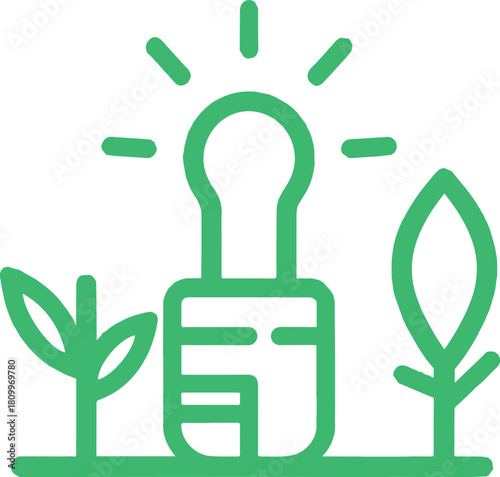 Modern flat illustration of lightbulb combined with leaf and plant representing eco innovation, sustainable energy and green technology concept.