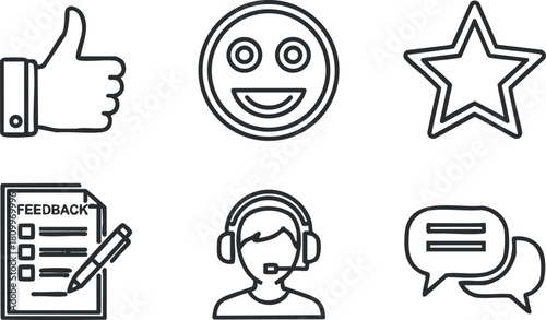 Outline vector icon set featuring elements like thumbs up, smiley face, star, and feedback form for customer service and engagement.