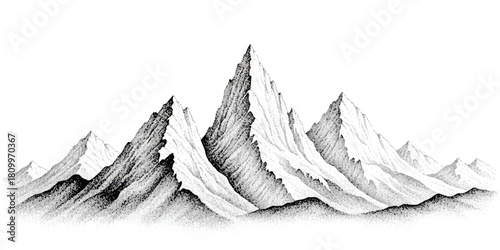 Hand-drawn black and white mountain range stippling art vector illustration