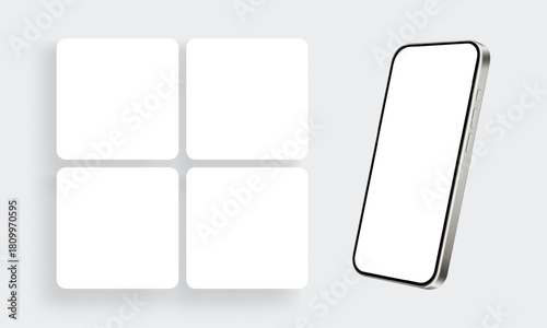 Smartphone mockup with four blank social media post templates