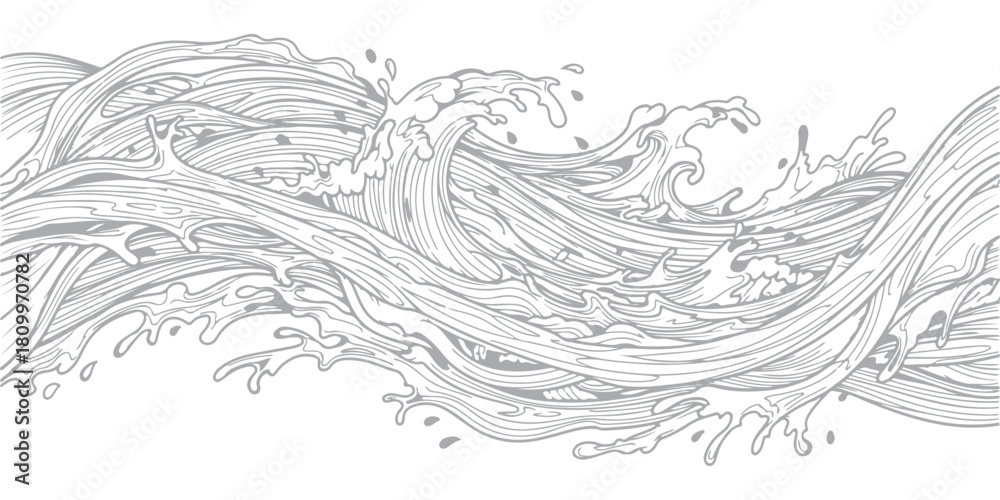 Fototapeta premium Stylized ocean waves pattern, flowing water current, sea surface line art design.