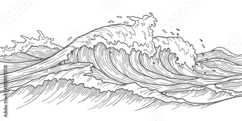 Vintage style hand drawn ocean waves with crashing water and sea foam vector