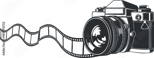 Retro black and white vector illustration of a vintage camera with filmstrip, ideal for photography-themed designs and projects