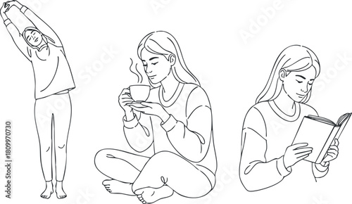 Line art vector illustration depicting various relaxing activities for wellness and self-care including yoga, reading, and enjoying tea.