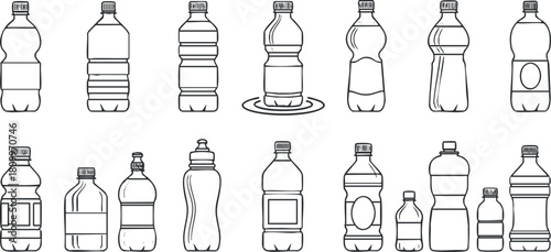 Outline vector illustration set of various bottle designs for beverages, suitable for packaging and branding projects
