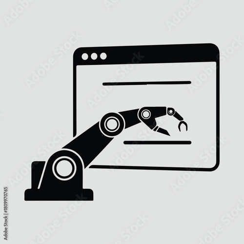 Silhouette robotic arm interacting with browser window vector illustration