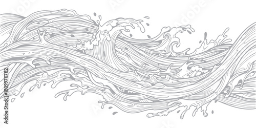 Stylized ocean waves pattern, flowing water current, sea surface line art design.