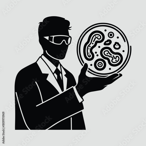 Silhouette scientist holding petri dish bacteria virus infection study vector illustration