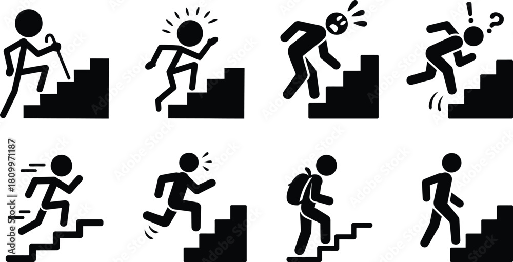 Naklejka premium People climbing and descending stairs, showing various efforts and emotions