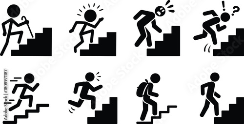 People climbing and descending stairs, showing various efforts and emotions