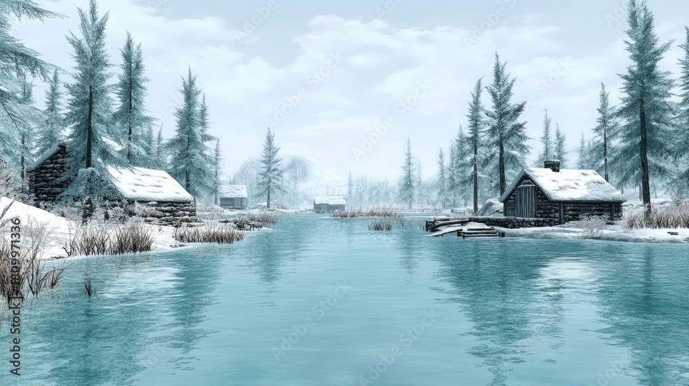 Fototapeta premium Serene Winter Lake with Snow-Covered Cabins and Pine Forest