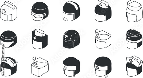 Set of minimalist vector icons depicting various medical and healthcare helmets and headgear for design and branding projects