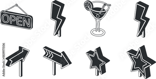 Collection of minimalist vector icons featuring an open sign, cocktail glass, lightning bolts, and directional arrows for creative designs.