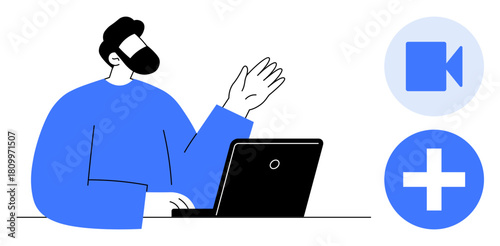 Man using laptop and waving, symbols of video call and addition beside him. Ideal for teamwork, communication, technology, virtual meetings, collaboration, social interaction, digital networking