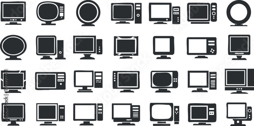 Collection of black and white vector illustrations of various television designs for technology and media concepts