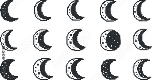 Pixel art pattern featuring various styles of crescent moons in black and white for creative design projects
