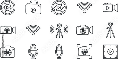 Line art icon set featuring video, audio, and photography elements for media production and streaming projects
