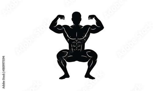 Silhouette of a muscular bodybuilder performing a squat pose flexing biceps isolated on white background