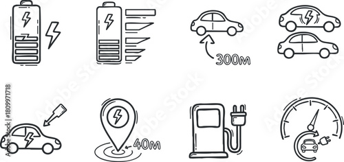Outline vector icon set depicting electric vehicle charging concepts including battery levels, location, and charging stations for technology and sustainability projects