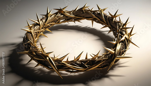 Gold Crown of Thorns Made of Sharp Spikes with Shadow on Light Background