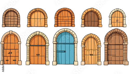 A series of wooden doors with arched tops