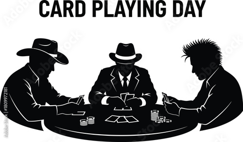 Black illustration for card-playing day showing three men in silhouette around a table with cards