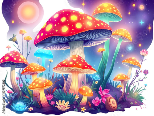 A colorful field of mushrooms